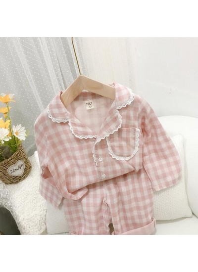 Plaid Cotton Long Sleeve Children's Pajamas Suit For Spring And Autumn