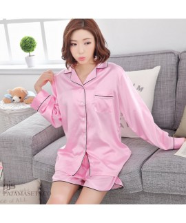 long sleeved Leisure silk like short sets of pajamas for spring white casual cardigan silky nightwear for women