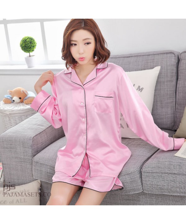 long sleeved Leisure silk like short sets of pajamas for spring white
