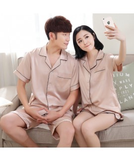 Simulated silk couple pajamas set summer short-sleeved shorts couple sleepwear