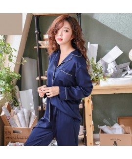 long sleeve Simulated silky nightwear casual cardigan ice silk pajamas for women