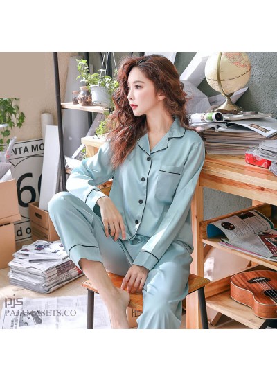 long sleeve Simulated silky nightwear casual cardigan ice silk pajamas for women