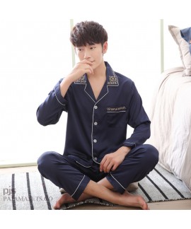 New long-sleeved  men's silk nightwear for spring large-size male set of pajamas