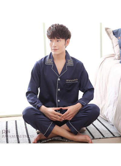 New long-sleeved  men's silk nightwear for spring large-size male set of pajamas