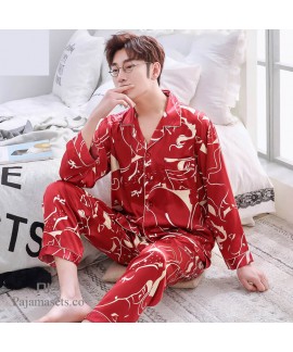 ice-silk cardigans printed pajamas for men cheap male's silk like set pjs