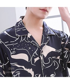 ice-silk cardigans printed pajamas for men cheap male's silk like set pjs