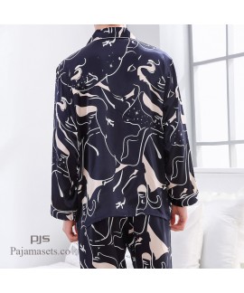 ice-silk cardigans printed pajamas for men cheap male's silk like set pjs