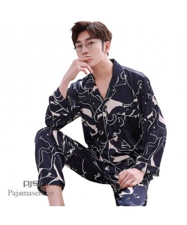 ice-silk cardigans printed pajamas for men cheap male's silk like set pjs