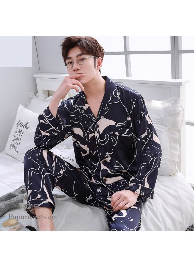 ice-silk cardigans printed pajamas for men cheap male's silk like set pjs
