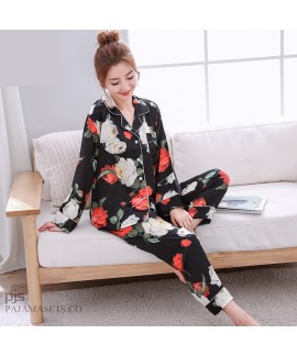 Long Sleeve Printed Ice Silk Pyjamas Female Leisure cardigan Large size silky nightwear for women