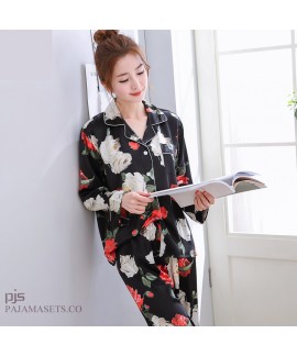 Long Sleeve Printed Ice Silk Pyjamas Female Leisure cardigan Large size silky nightwear for women