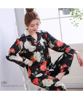 Long Sleeve Printed Ice Silk Pyjamas Female Leisur...