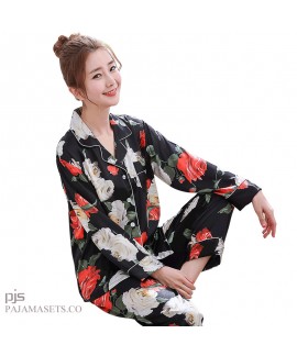 Long Sleeve Printed Ice Silk Pyjamas Female Leisure cardigan Large size silky nightwear for women