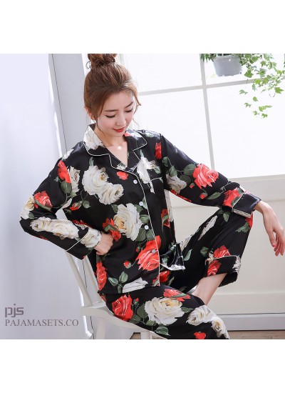 Long Sleeve Printed Ice Silk Pyjamas Female Leisure cardigan Large size silky nightwear for women