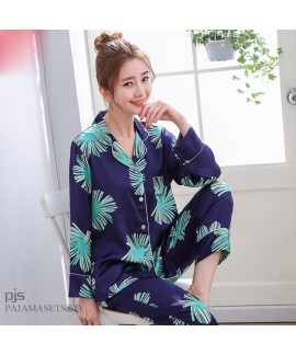 Simulated female silky nightwear for spring long-sleeved print leisure cardigan pajama sets for women