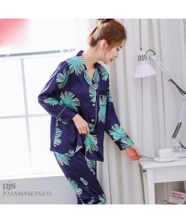 Simulated female silky nightwear for spring long-sleeved print leisure cardigan pajama sets for women