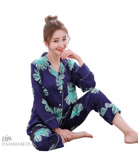 Simulated female silky nightwear for spring long-sleeved print leisure cardigan pajama sets for women