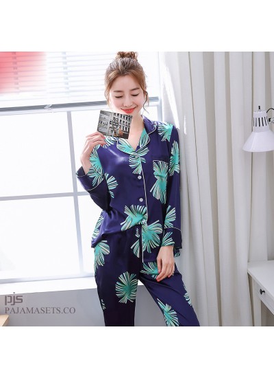 Simulated female silky nightwear for spring long-sleeved print leisure cardigan pajama sets for women