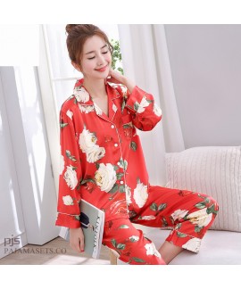 long sleeve printed female silky nightwear for spring large size lovely cardigan ice silky nightwear for women