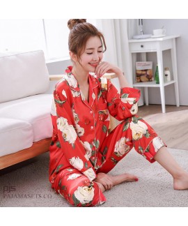 long sleeve printed female silky nightwear for spr...