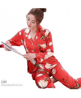 long sleeve printed female silky nightwear for spring large size lovely cardigan ice silky nightwear for women