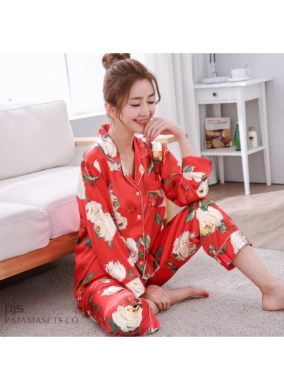 long sleeve printed female silky nightwear for spring large size lovely cardigan ice silky nightwear for women