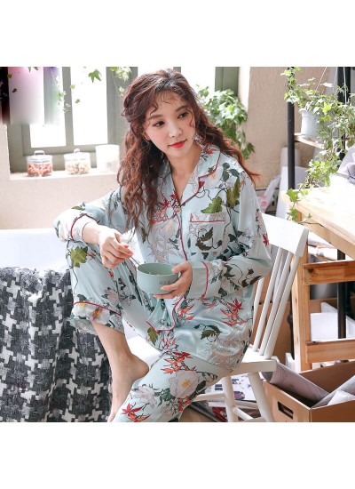 long sleeved fashion printed silky nightwear for women large size cardigan ice silk female pajamas