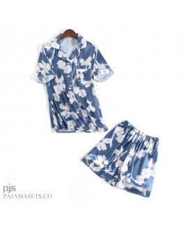 Short sleeves simulated silk printed pajamas for summer lovely leisure silk female pajamas