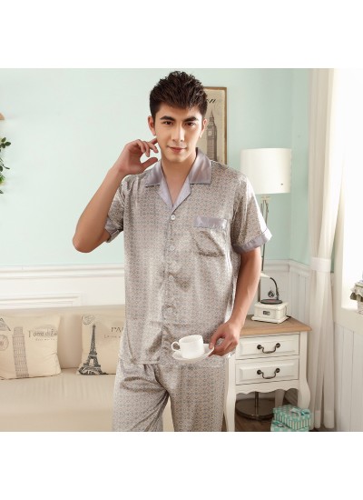 Simulated Silk Men's Short Sleeve pajama sets for summer Silky Nightwear male