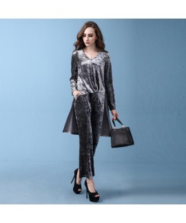 Long sleeved irregular jacket, wide leg pants,pure color casual women's suit