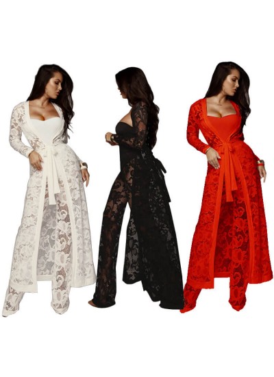 Sexy autumn dress lace wide leg pants three piece leisure suit