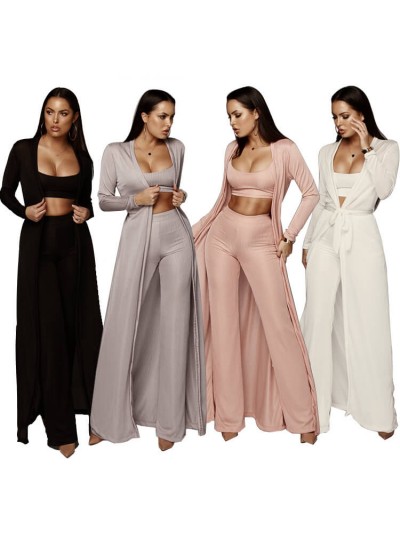 Fashion casual pure color suit women's elastic knitted 3 sets