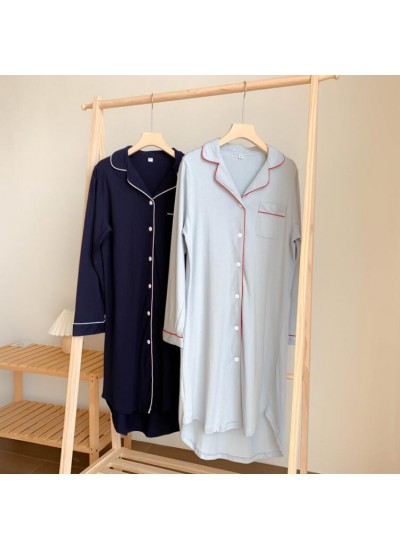 Long Sleeve Cotton Solid Color Loose Shirt Long Nightdress For Spring And Autumn