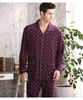 High-grade Knitted Men's Cotton Sleepwear sets Leisure Long sleeved lounge pajamas male for spring