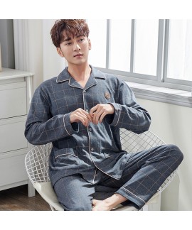 Long-sleeved men's Plaid autumn and winter cotton cardigan Lapel middle-aged pajamas can be worn outside pyjamas