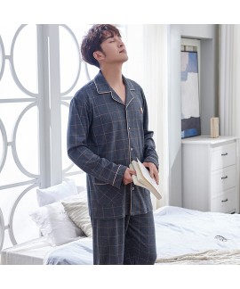 Long-sleeved men's Plaid autumn and winter cotton cardigan Lapel middle-aged pajamas can be worn outside pyjamas