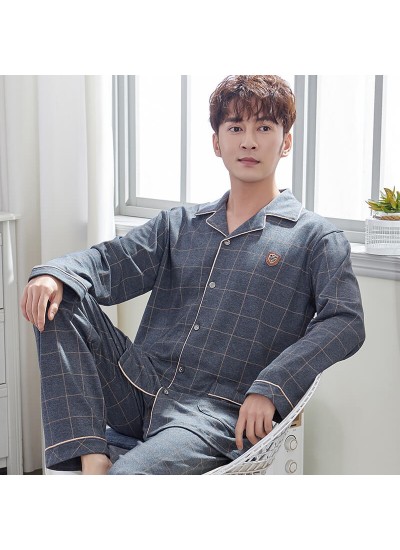 Long-sleeved men's Plaid autumn and winter cotton cardigan Lapel middle-aged pajamas can be worn outside pyjamas