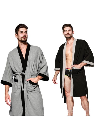 Cotton pajama set with Robe casual bathrobe sauna Nightgown for men