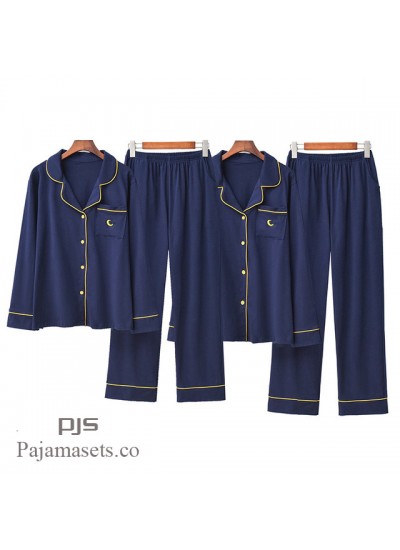 New Couple Embroidery Cotton pj sets comfy long sleeved Turn-collar Nightwear for spring