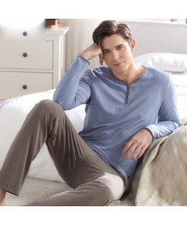 Round neck T-shirt with long pants men's cotton pajama sets for spring and summer