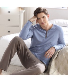 long sleeved men's cotton pajama sets comfy cotton set of pajamas for male