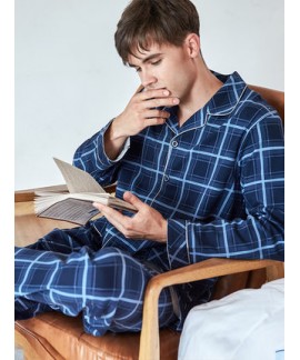 Plaid pattern long sleeved men's cotton Pajama sets for spring and autumn