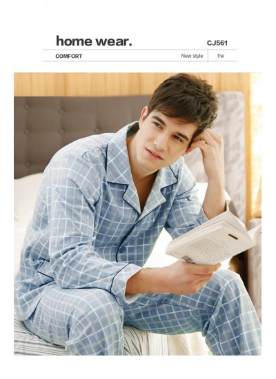 Plaid pattern long sleeved men's cotton Pajama sets for spring and autumn