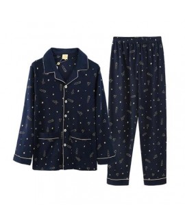 men's long sleeves cotton Pajamas knitted cotton leisure deep blue with space print