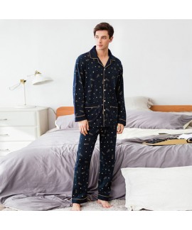 men's long sleeves cotton Pajamas knitted cotton leisure deep blue with space print