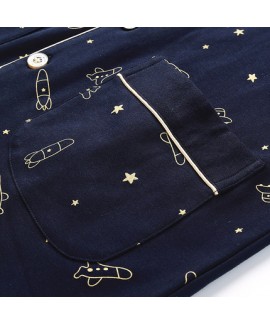 men's long sleeves cotton Pajamas knitted cotton leisure deep blue with space print