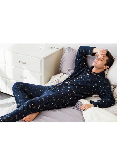men's long sleeves cotton Pajamas knitted cotton leisure deep blue with space print