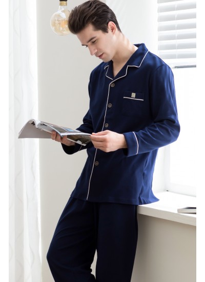 Navy cotton long sleeved Men's pyjamas for spring and autumn 