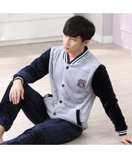 Men's Long Sleeve Thickened Flannel Sports Pajamas Warm Pajamas Suit