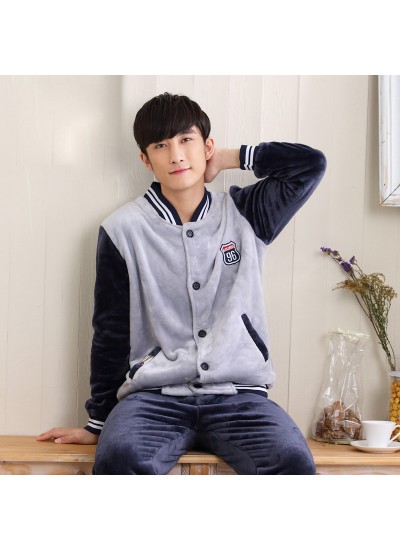 Men's Long Sleeve Thickened Flannel Sports Pajamas Warm Pajamas Suit